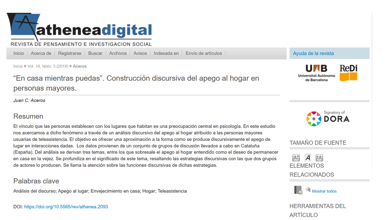 En casa mientras puedas. Construcción discursiva del apego al hogar en personas mayores.